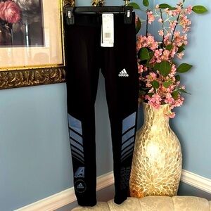 Brand New Adidas Climawarm Black Tights Sporty Stretch Leggings Blue Graphics